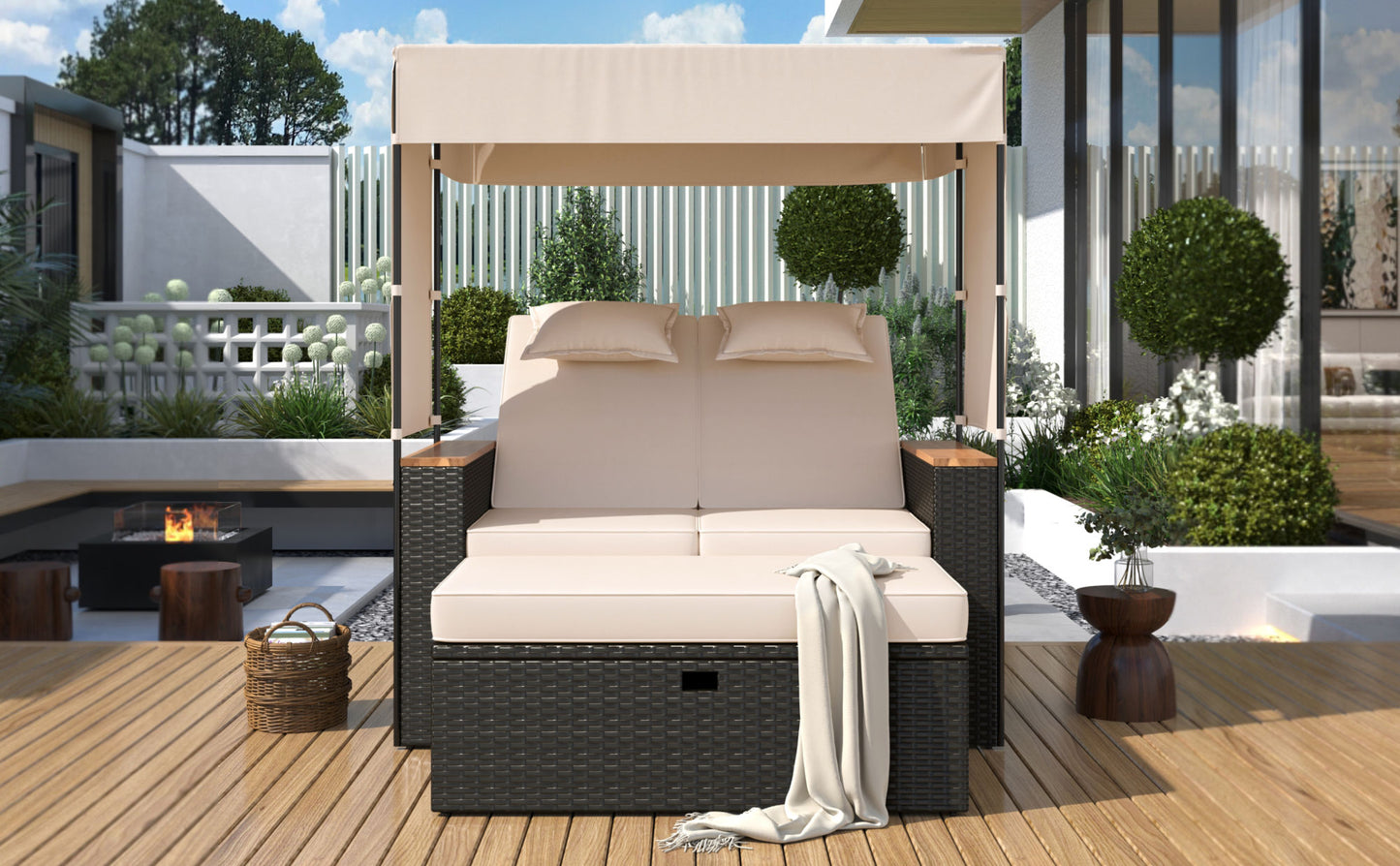 TREXM 2-Piece Rattan Outdoor Patio Bench Lounge Roof Set, Effective UV Protection Fabric & Waterproof Cushions and Adjustable Backrest for Garden, Backyard and Porch (Brown Wicker + Beige Fabric)