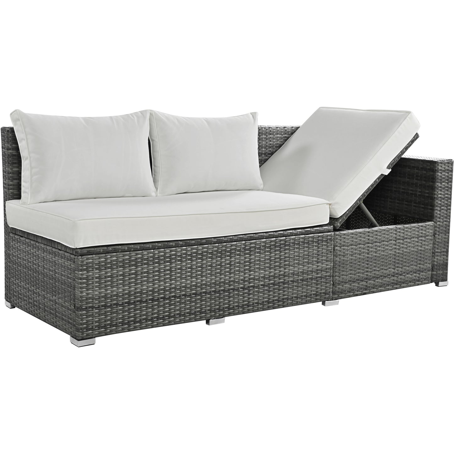 Outdoor 6-Piece All Weather PE Rattan Sofa Set, Garden Patio Wicker Sectional Furniture Set with Adjustable Seat, Storage Box, Removable Covers and Tempered Glass Top Table