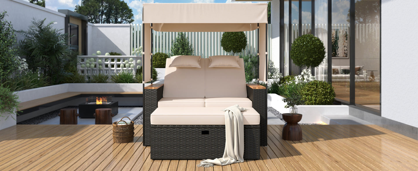 TREXM 2-Piece Rattan Outdoor Patio Bench Lounge Roof Set, Effective UV Protection Fabric & Waterproof Cushions and Adjustable Backrest for Garden, Backyard and Porch (Brown Wicker + Beige Fabric)