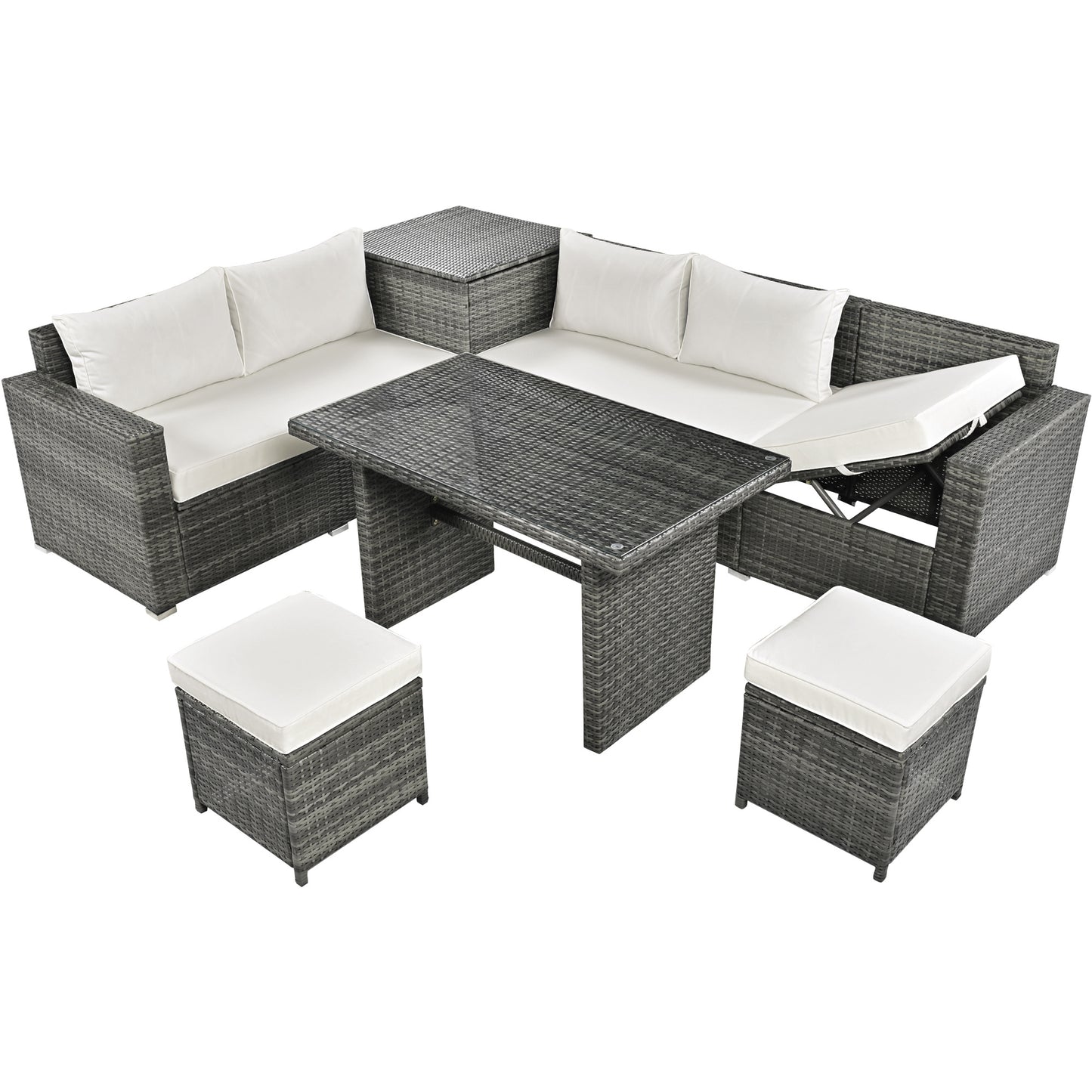 Outdoor 6-Piece All Weather PE Rattan Sofa Set, Garden Patio Wicker Sectional Furniture Set with Adjustable Seat, Storage Box, Removable Covers and Tempered Glass Top Table