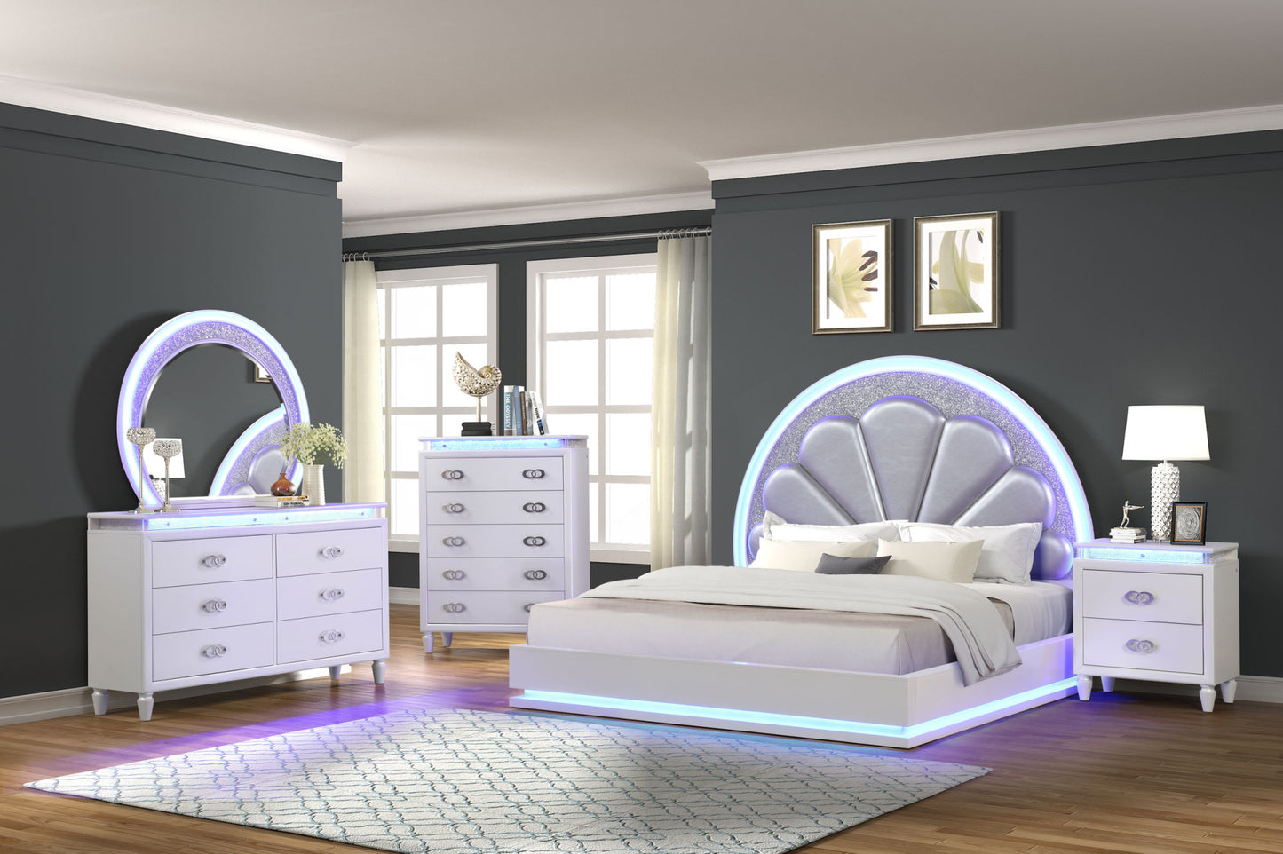 Perla Queen Size- LED Bed Made with Wood in Milky White
