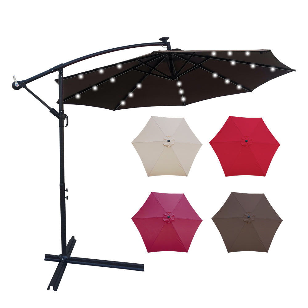 10 ft Outdoor Patio Umbrella Solar Powered LED Lighted Sun Shade Market Waterproof 8 Ribs Umbrella with Crank and Cross Base for Garden Deck Backyard Pool Shade Outside Deck Swimming Pool
