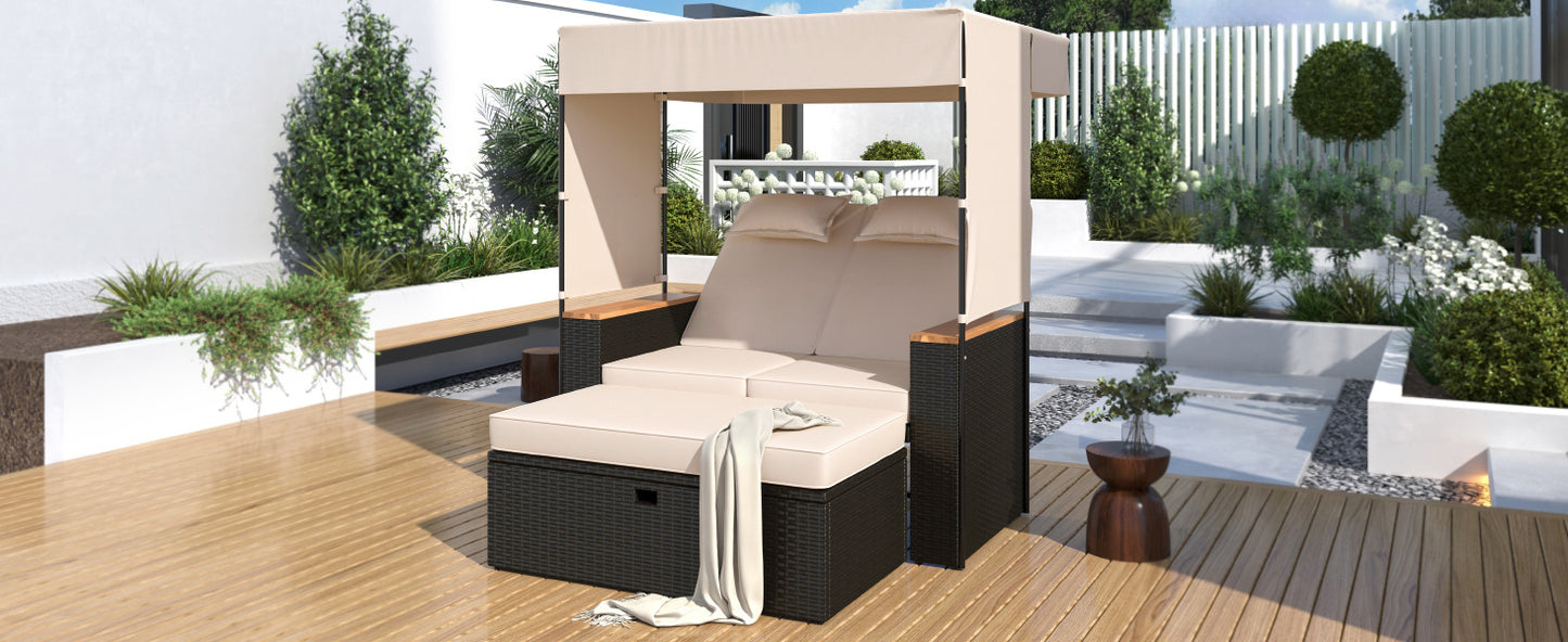 TREXM 2-Piece Rattan Outdoor Patio Bench Lounge Roof Set, Effective UV Protection Fabric & Waterproof Cushions and Adjustable Backrest for Garden, Backyard and Porch (Brown Wicker + Beige Fabric)