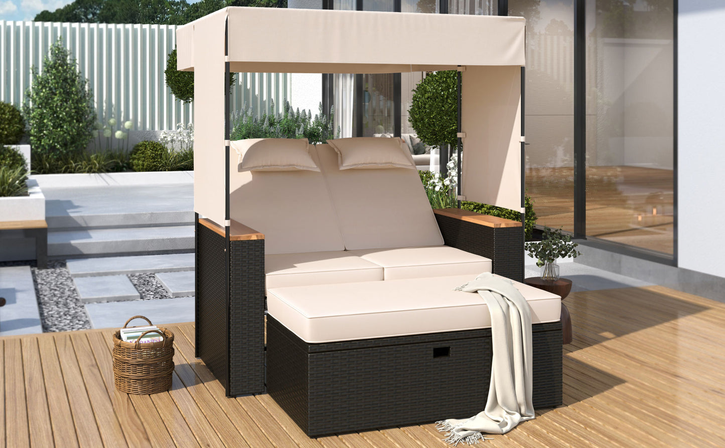 TREXM 2-Piece Rattan Outdoor Patio Bench Lounge Roof Set, Effective UV Protection Fabric & Waterproof Cushions and Adjustable Backrest for Garden, Backyard and Porch (Brown Wicker + Beige Fabric)