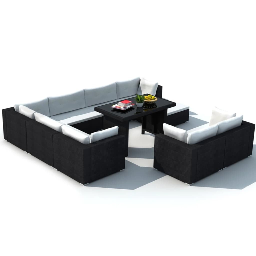 10 Piece Patio Lounge Set with Cushions Poly Rattan Black