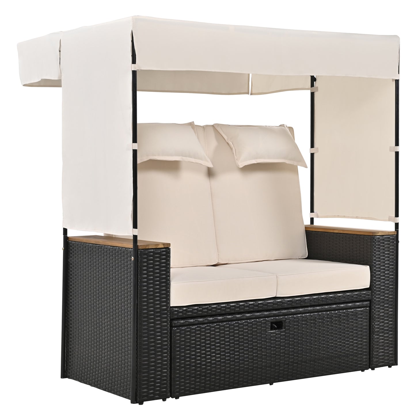 TREXM 2-Piece Rattan Outdoor Patio Bench Lounge Roof Set, Effective UV Protection Fabric & Waterproof Cushions and Adjustable Backrest for Garden, Backyard and Porch (Brown Wicker + Beige Fabric)