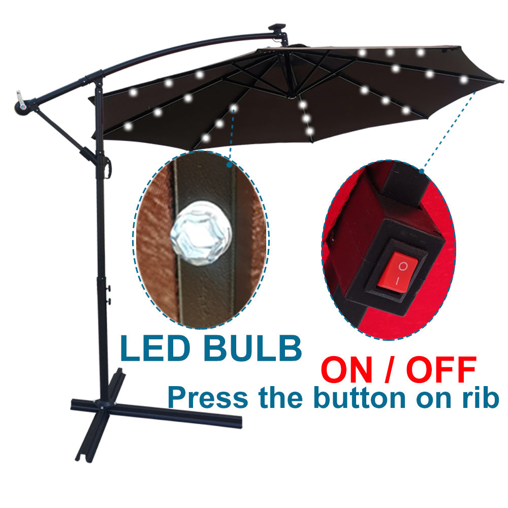 10 ft Outdoor Patio Umbrella Solar Powered LED Lighted Sun Shade Market Waterproof 8 Ribs Umbrella with Crank and Cross Base for Garden Deck Backyard Pool Shade Outside Deck Swimming Pool