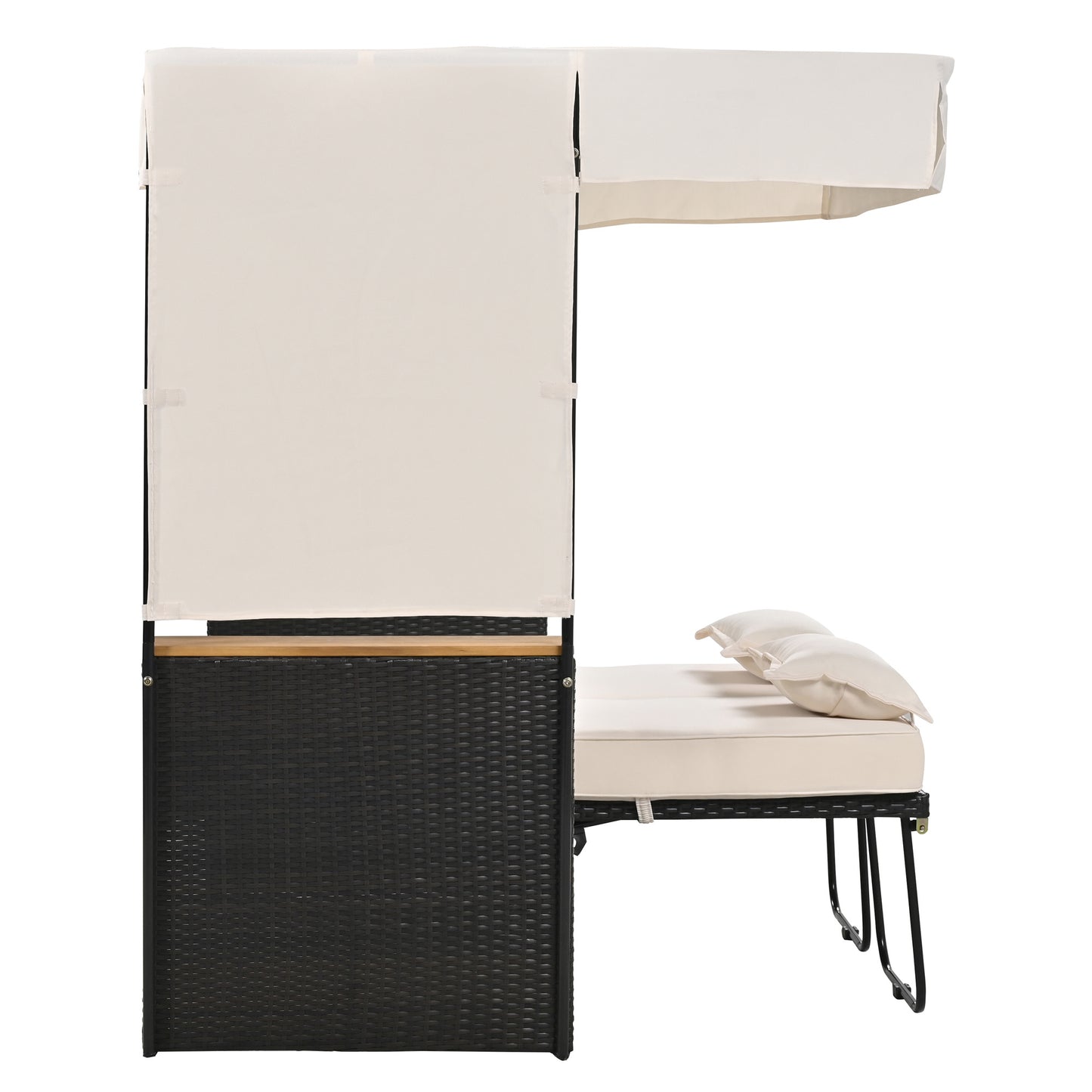 TREXM 2-Piece Rattan Outdoor Patio Bench Lounge Roof Set, Effective UV Protection Fabric & Waterproof Cushions and Adjustable Backrest for Garden, Backyard and Porch (Brown Wicker + Beige Fabric)