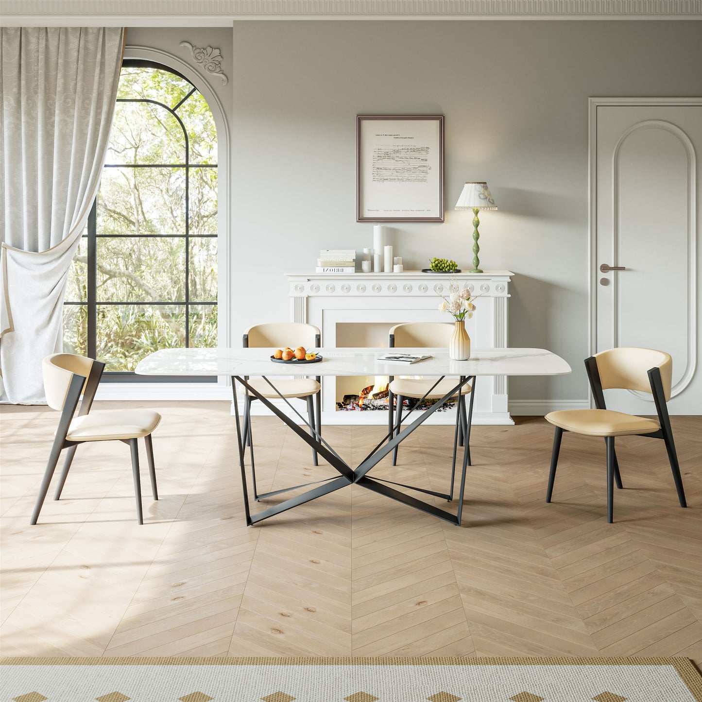 Sleek Black Sandstone Dining Table with Glossy Snow Mountain Stone Top and Carbon Steel Base load capacity 91.5 kg