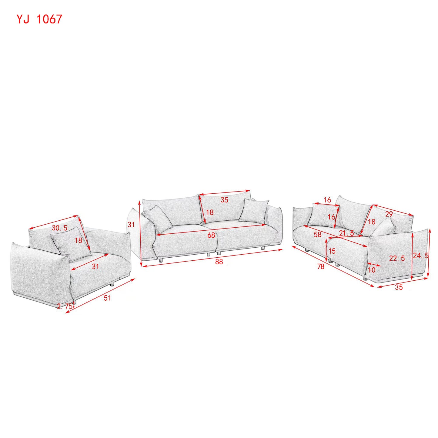 3-seater + 2-seater + 1-seater combination sofa Modern Couch for Living Room Sofa, Solid Wood Frame and Stable Metal Legs, 5 Pillows,