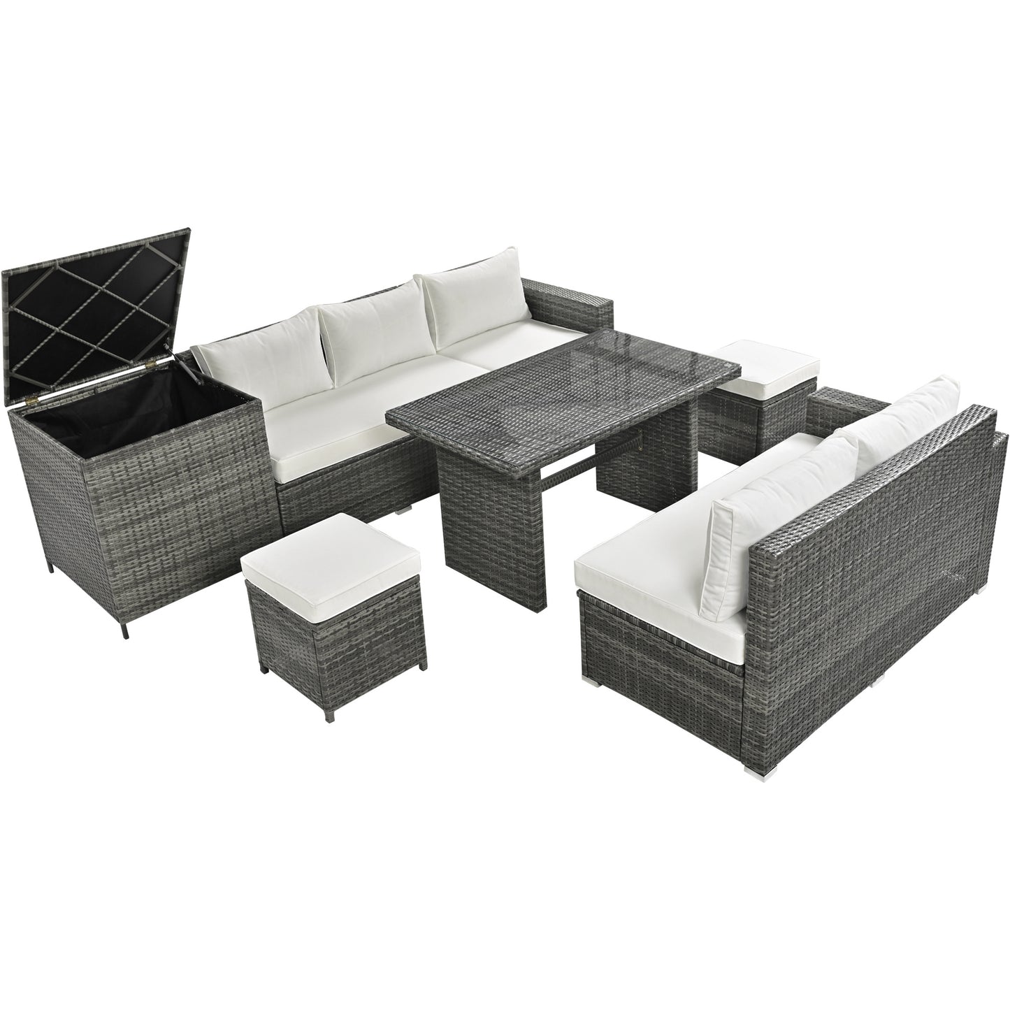 Outdoor 6-Piece All Weather PE Rattan Sofa Set, Garden Patio Wicker Sectional Furniture Set with Adjustable Seat, Storage Box, Removable Covers and Tempered Glass Top Table