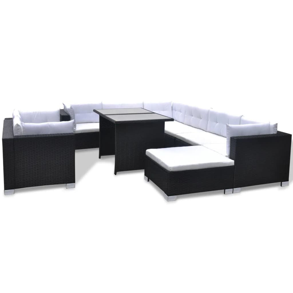 10 Piece Patio Lounge Set with Cushions Poly Rattan Black