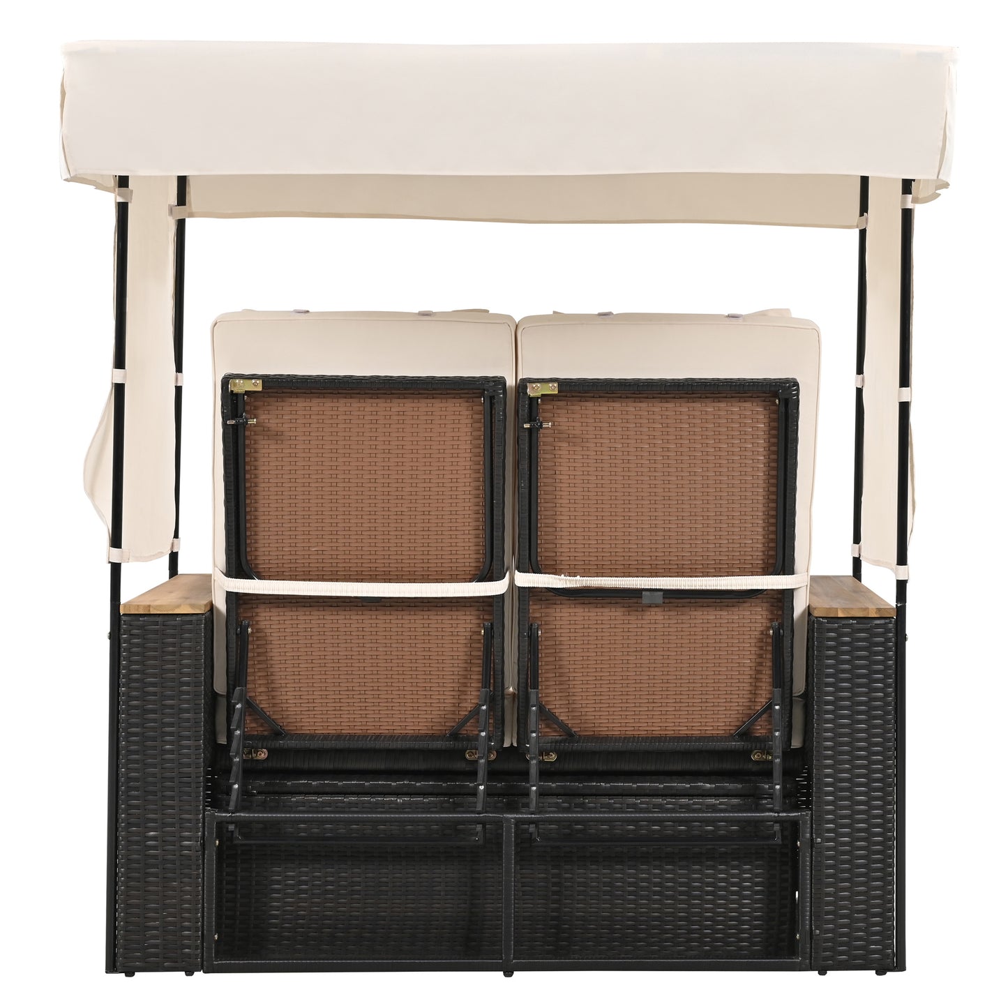 TREXM 2-Piece Rattan Outdoor Patio Bench Lounge Roof Set, Effective UV Protection Fabric & Waterproof Cushions and Adjustable Backrest for Garden, Backyard and Porch (Brown Wicker + Beige Fabric)