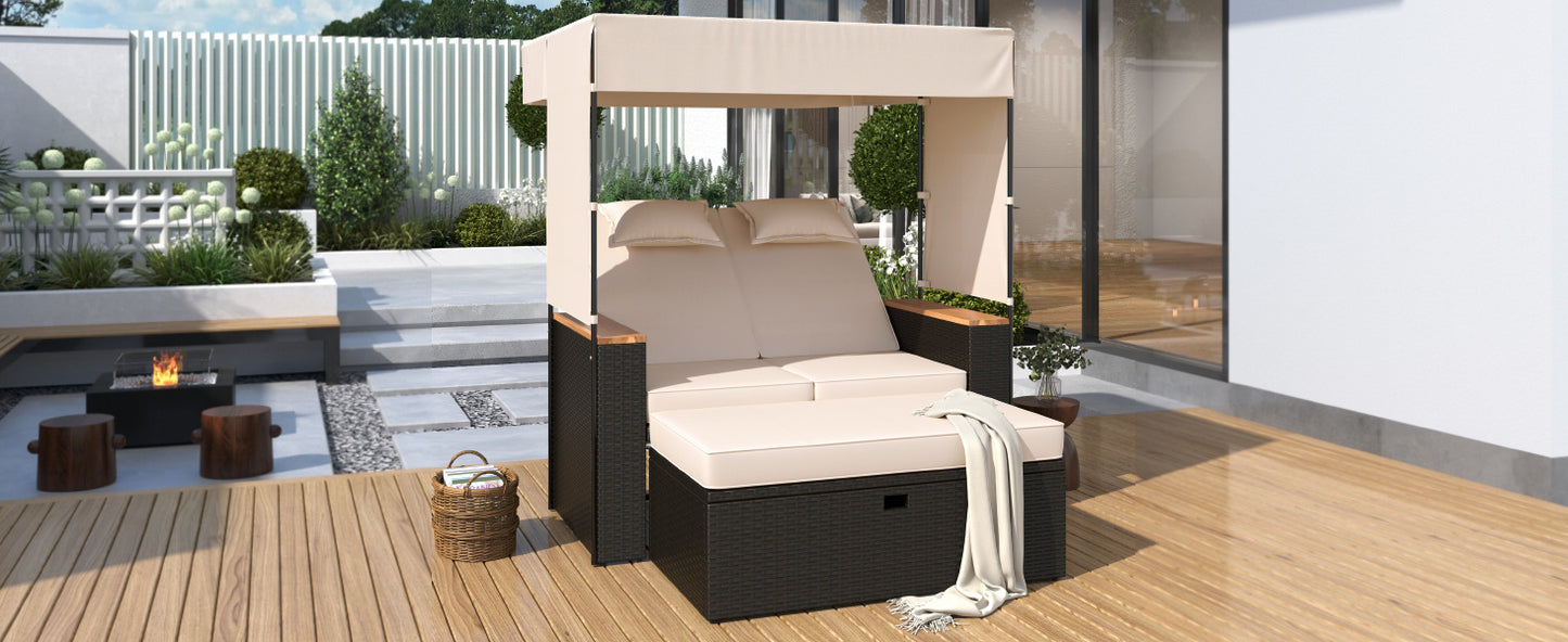 TREXM 2-Piece Rattan Outdoor Patio Bench Lounge Roof Set, Effective UV Protection Fabric & Waterproof Cushions and Adjustable Backrest for Garden, Backyard and Porch (Brown Wicker + Beige Fabric)