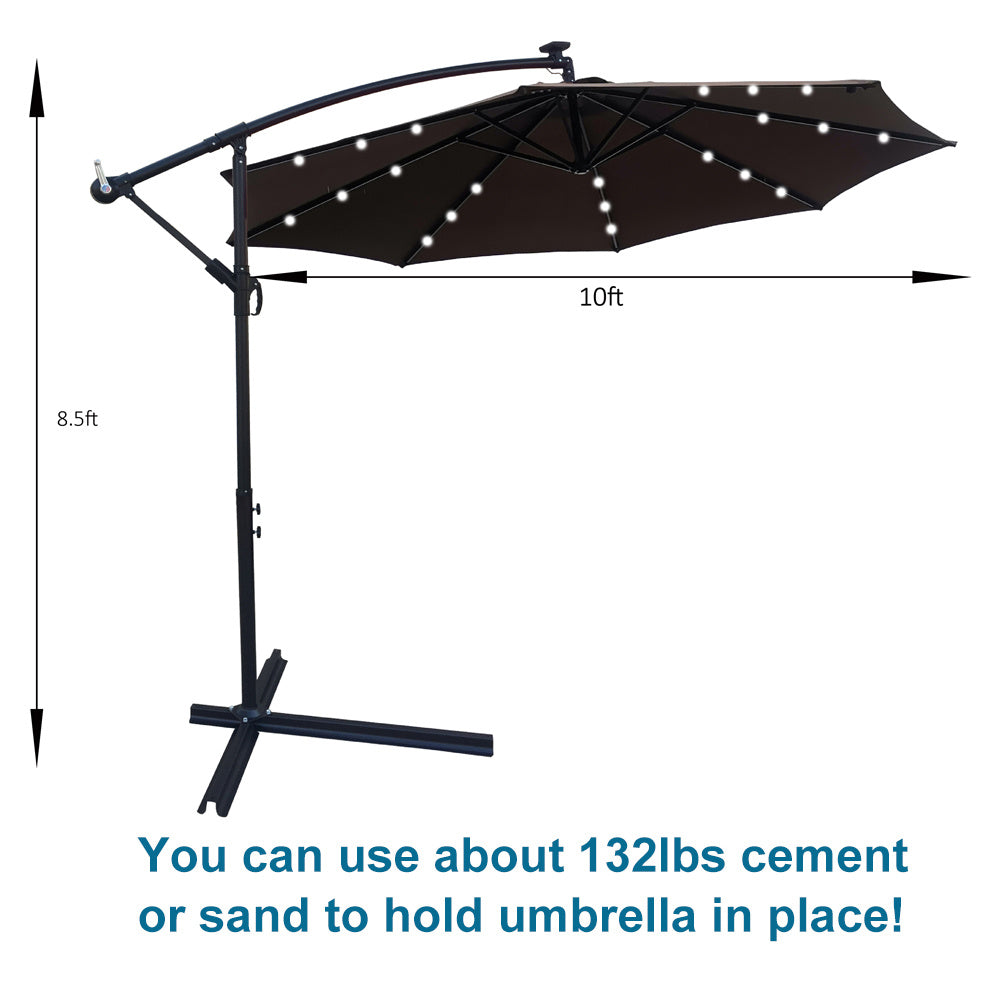 10 ft Outdoor Patio Umbrella Solar Powered LED Lighted Sun Shade Market Waterproof 8 Ribs Umbrella with Crank and Cross Base for Garden Deck Backyard Pool Shade Outside Deck Swimming Pool
