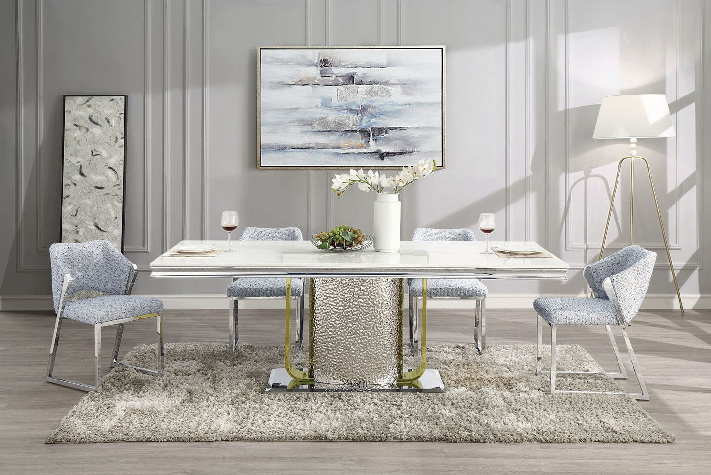 ACME Fadri Dining Table, Engineering Marble, Mirrored Silver & Gold Finish DN01952