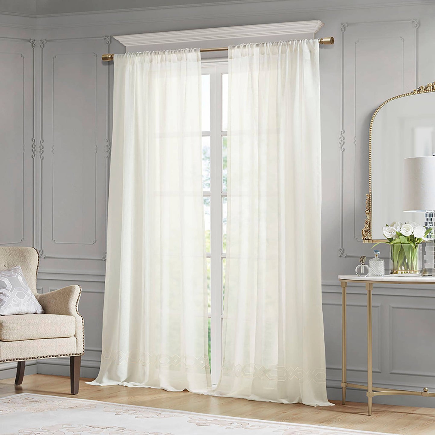 White Semi-Sheer Embroidery Curtain Panel (Single): 52x96"