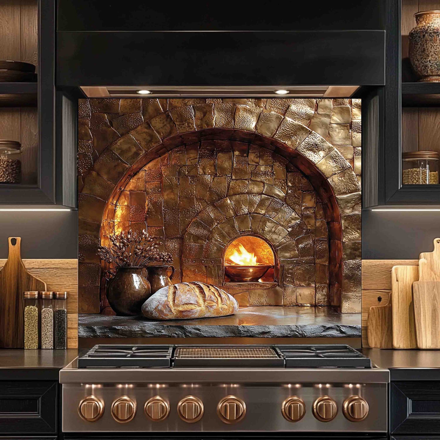 Firestone Hearth Tempered Glass Backsplash – Rustic Stone Oven Kitchen Backsplash: Adhere (Adhesive Silicone) / 24"Hx30"W | 61x76 cm