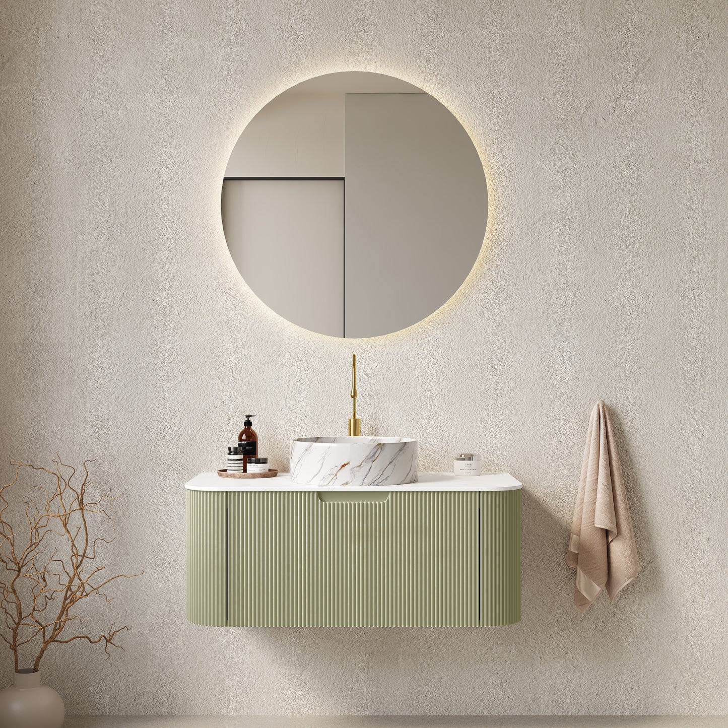 DINA 36' Bathroom Vanity with Sink, Wall-Mounted Floating Curved Edges Striped Bathroom Storage Cabinet with Drawer, White Round Ceramic Basin with Stone Pattern, Pre-assembled, Light Green Color