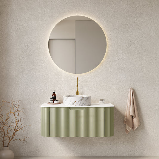 DINA 36' Bathroom Vanity with Sink, Wall-Mounted Floating Curved Edges Striped Bathroom Storage Cabinet with Drawer, White Round Ceramic Basin with Stone Pattern, Pre-assembled, Light Green Color