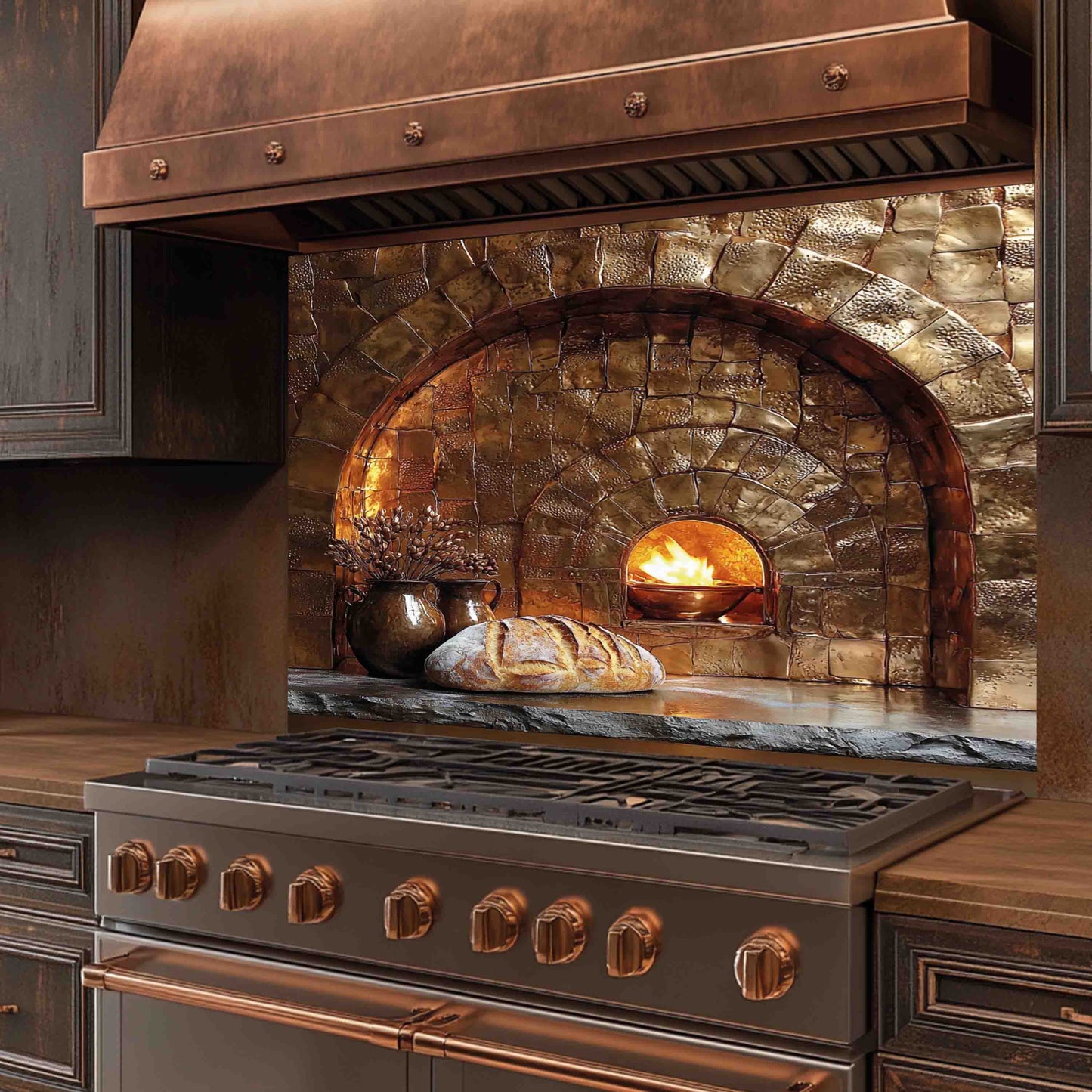 Firestone Hearth Tempered Glass Backsplash – Rustic Stone Oven Kitchen Backsplash: Adhere (Adhesive Silicone) / 24"Hx30"W | 61x76 cm
