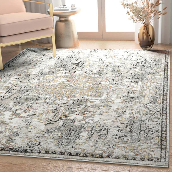Heriz Medallion Modern Vintage Grey Ivory High-Low Rug