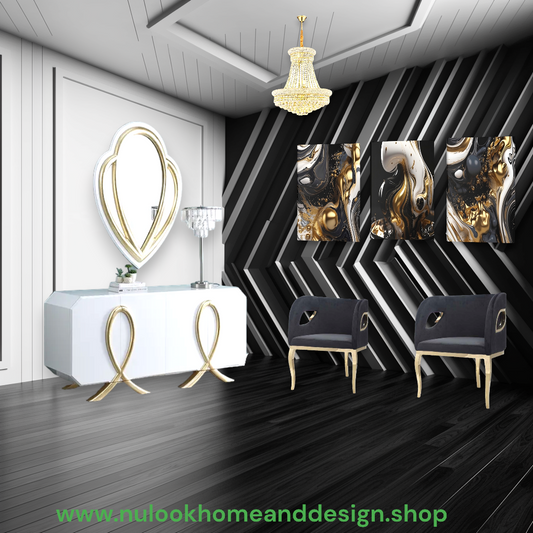 Glossy White Gold Leaf 4-Door MDF Console | 65"X18"X31"