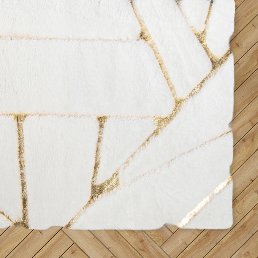 Gold Lined Cream Fur Plush Rug