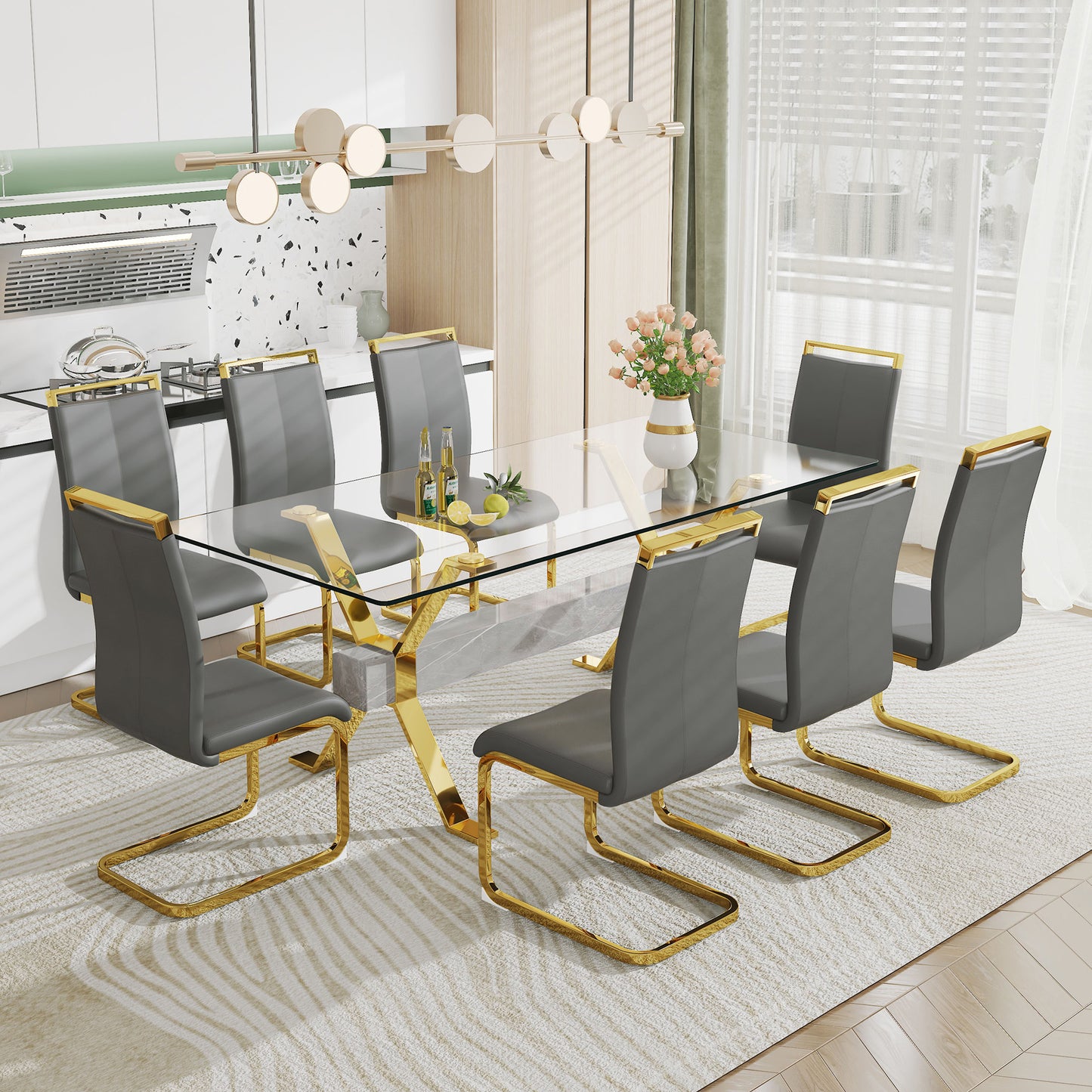 ContemporaryGlass Dining Table - Versatile for Home or Office. Features a Large Tempered Glass Top, Modern Office Desk Design with Gold-Plated Metal Legs and MDF Crossbars. Ideal for Kitchen Use. Dimensions: 79''x39''x30'
