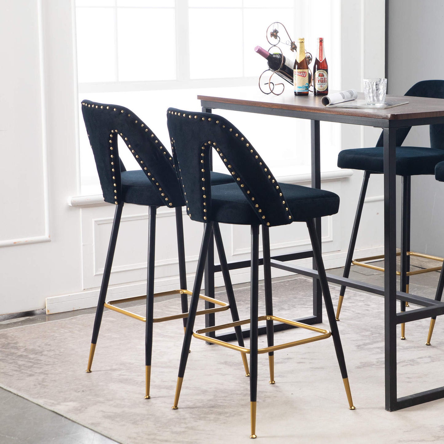 Collection Modern | Contemporary Velvet Upholstered  28\\\" Bar Stool & Counter Stools with Nailheads and Gold Tipped Black Metal Legs,Set of 2