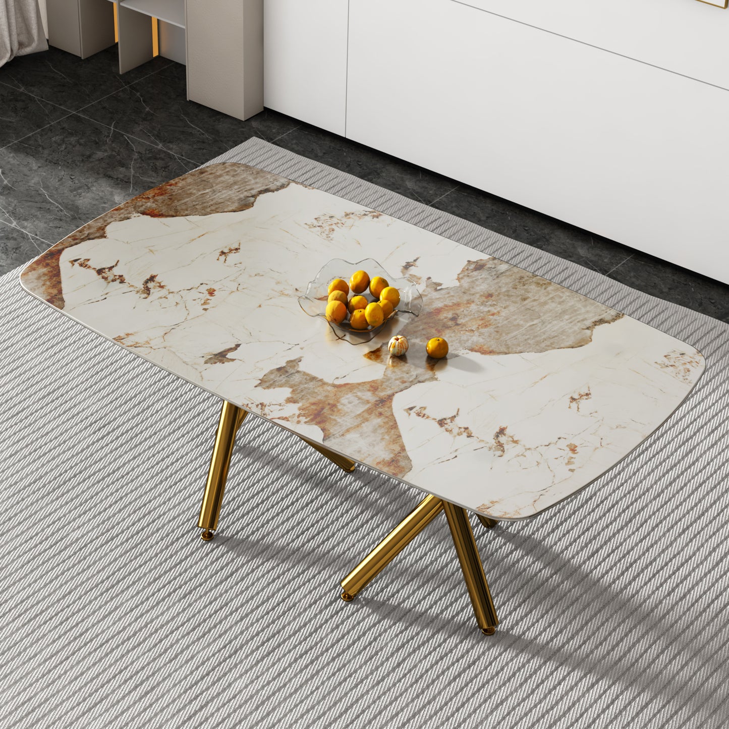 SleekMarble Rectangular Dining Table - Features a 0.39-inch Imitation Marble Top and Elegant Gold-Plated Metal Legs