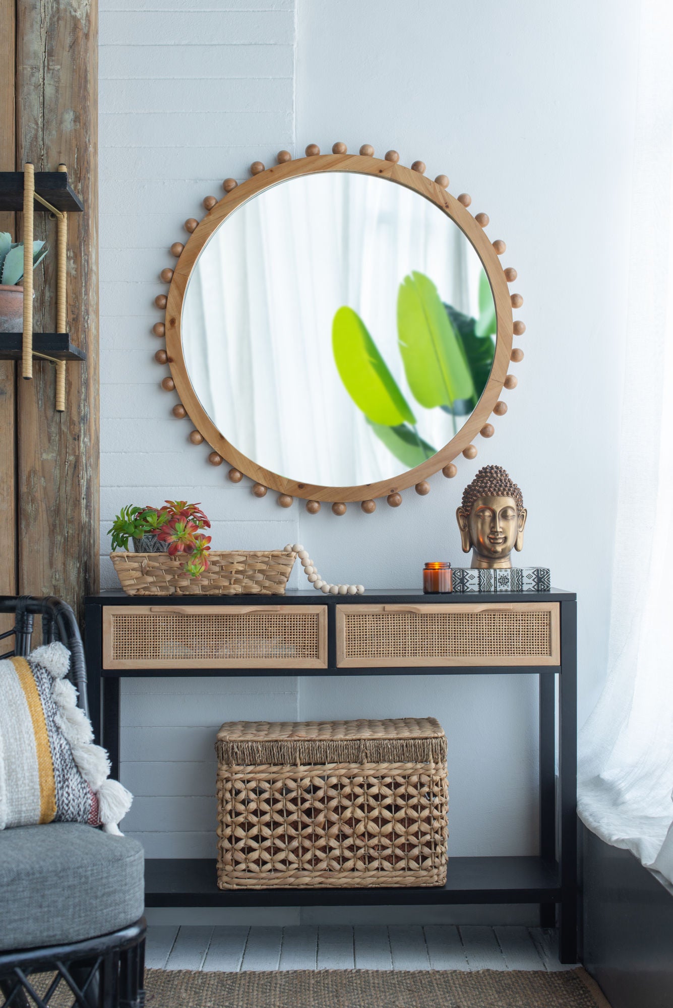 34" Wood Round Mirror with Beaded Frame