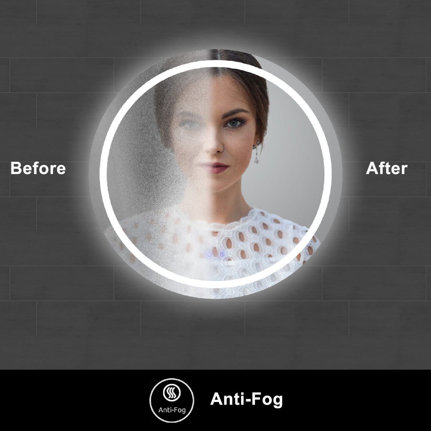 32 x 32 Inch Round Frameless LED Illuminated Bathroom Mirror; Touch Button Defogger; Metal; Frosted Edges; Silver
