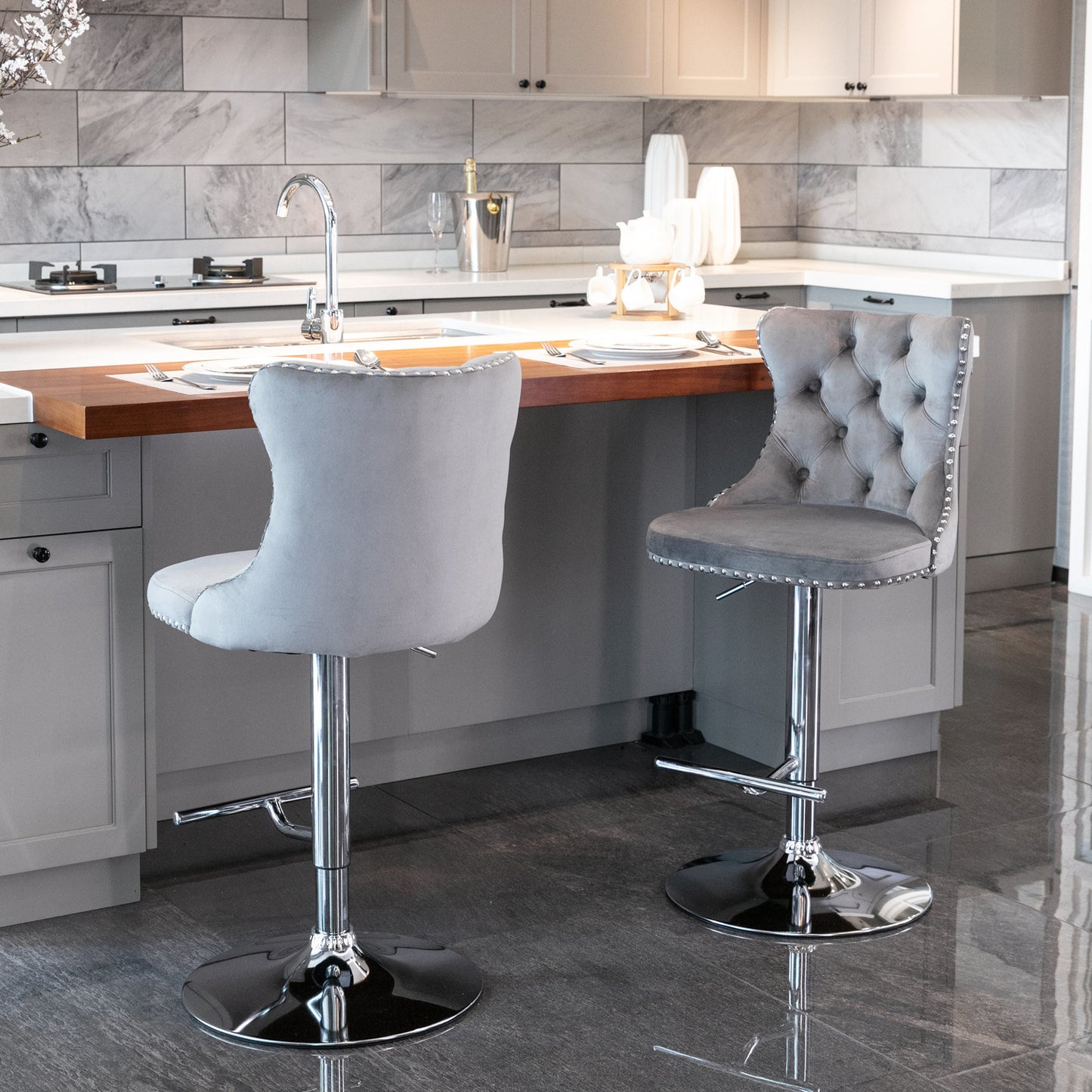 A&A Furniture, Swivel Velvet Barstools - Set of 2