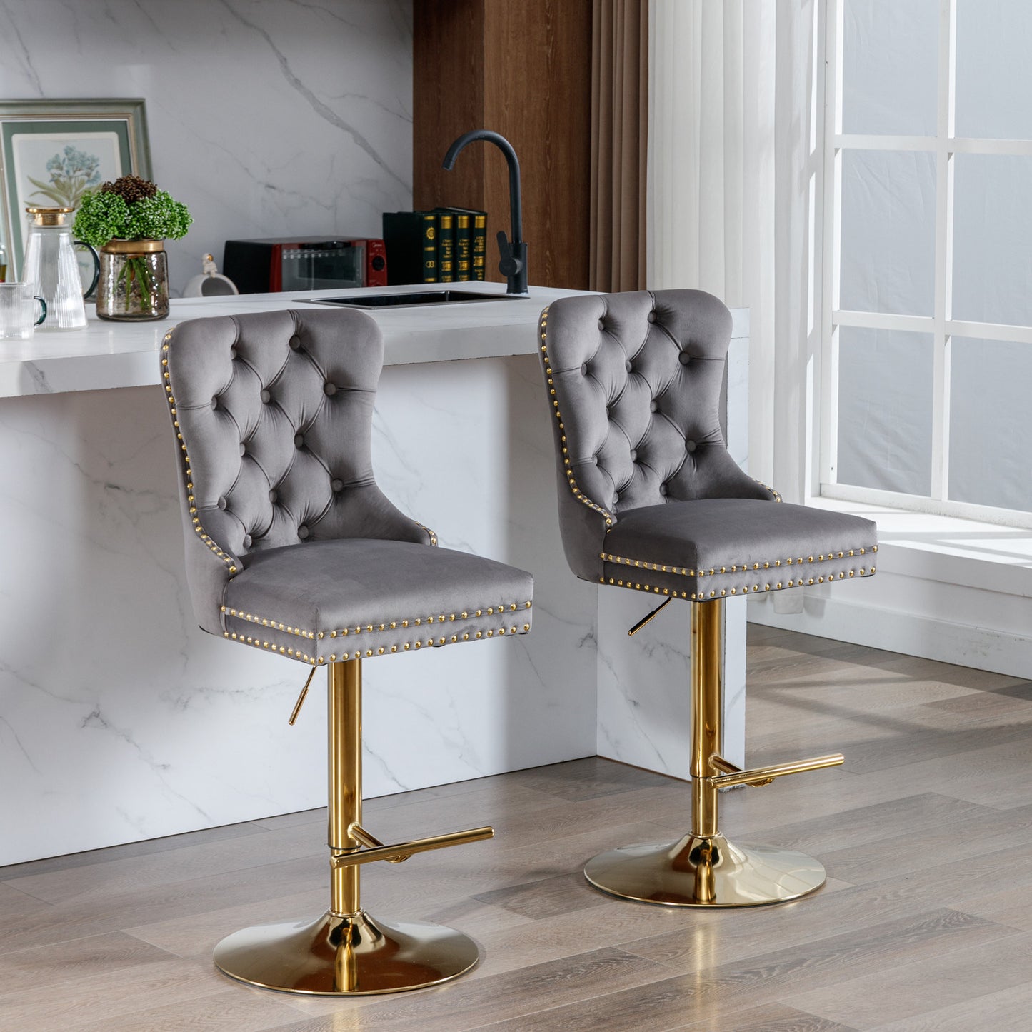 Gray and Gold Velvet Barstools  (Gray, Set of 2)