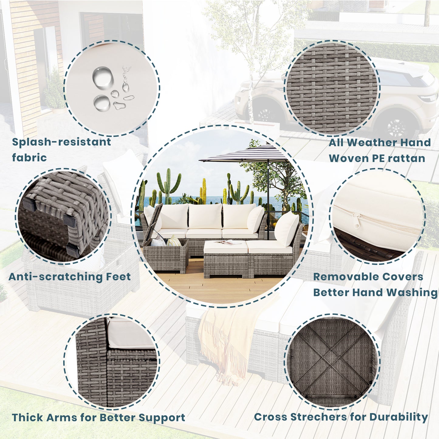 6-Piece Outdoor Sofa Set, PE Wicker Rattan Sofa with 2 Corner Chairs, 2 Single Chairs, 1 Ottoman and 1 Storage Table, All-weather Conversational Furniture, Beige