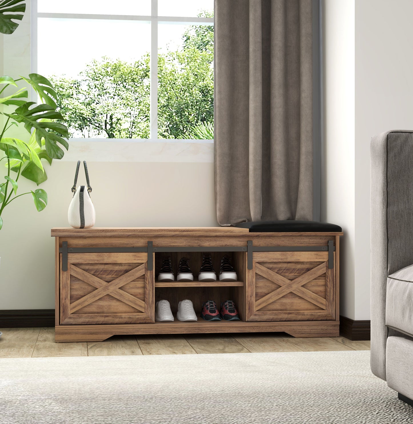 47 Inch Modern Farmhouse Sliding X Barn Door Litterbox Bench with Entry Cutout;  Shoe Bench Multi-color Option