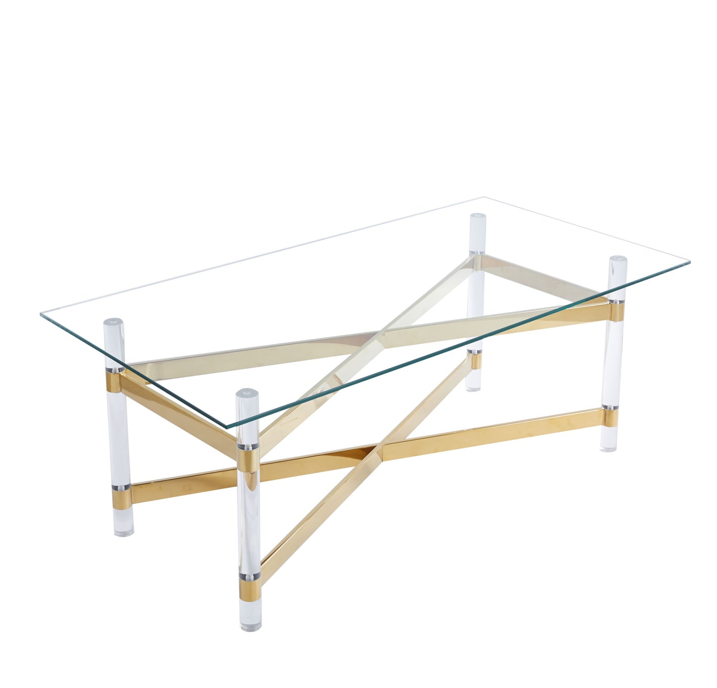 Gold Stainless Steel Coffee Table With acrylic Frame and Clear Glass Top