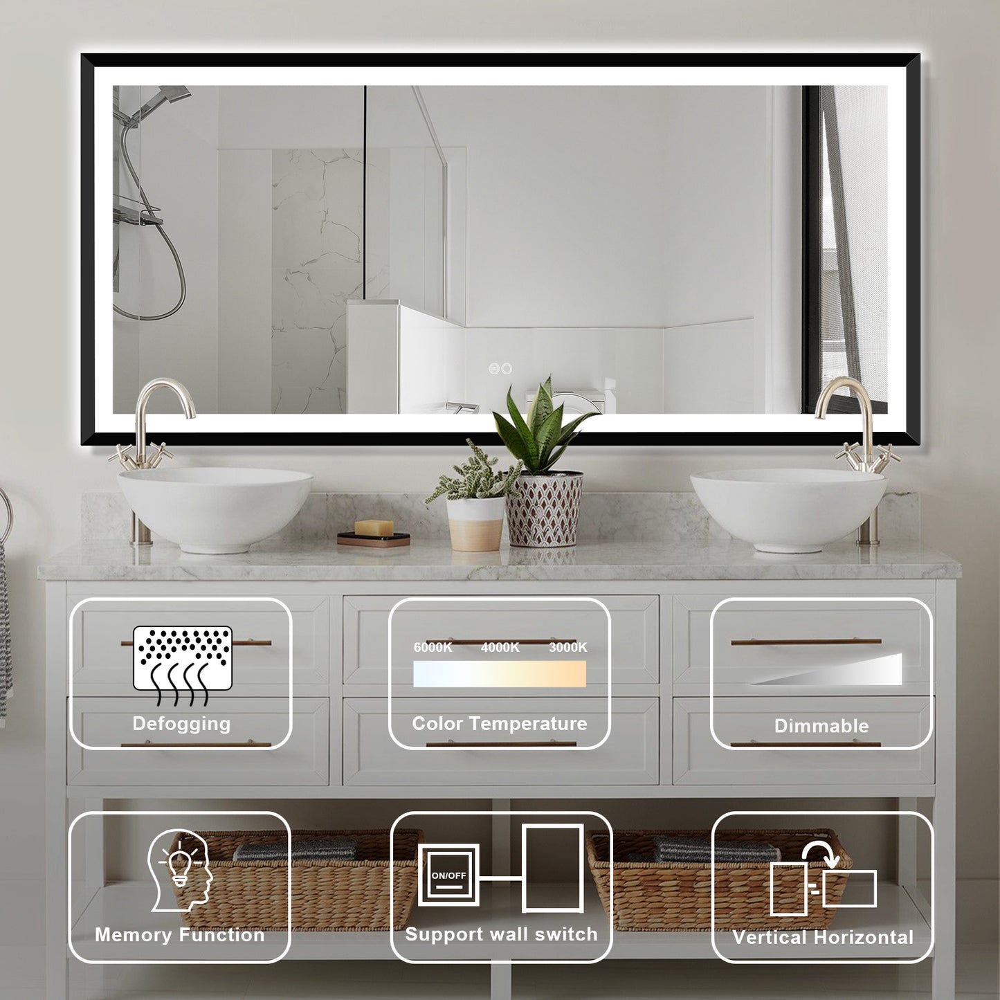 4 Size LED Bathroom Mirror;  Backlit and Front Lighted Mirror for Bathroom;  Wall Mounted Bathroom Vanity Framed Mirror Includes Dimmer;  ; Defogger;  Vertical / Horizontal
