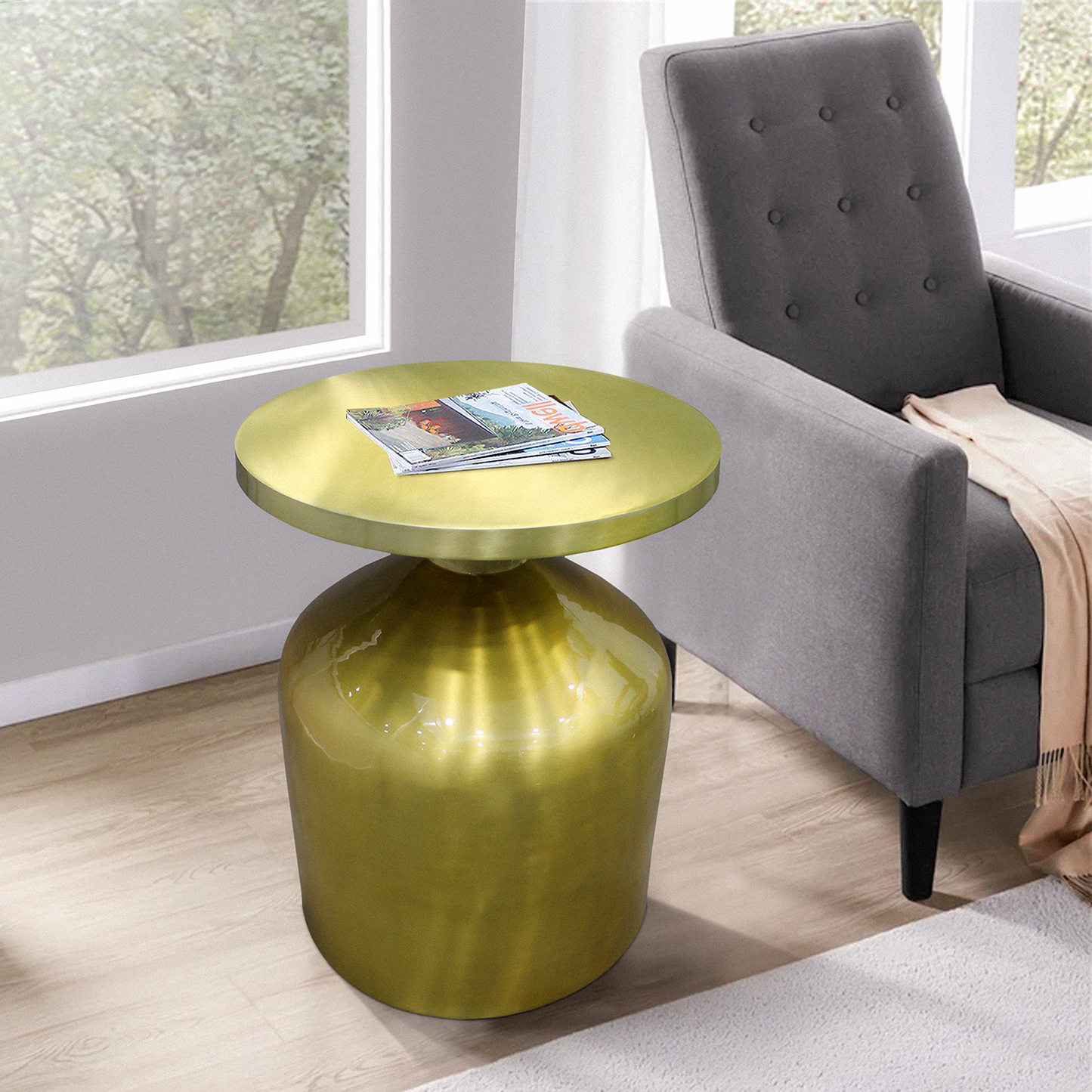 24 Inch Metal Frame End Table with Round Top and Bottle Shape Base; Gold