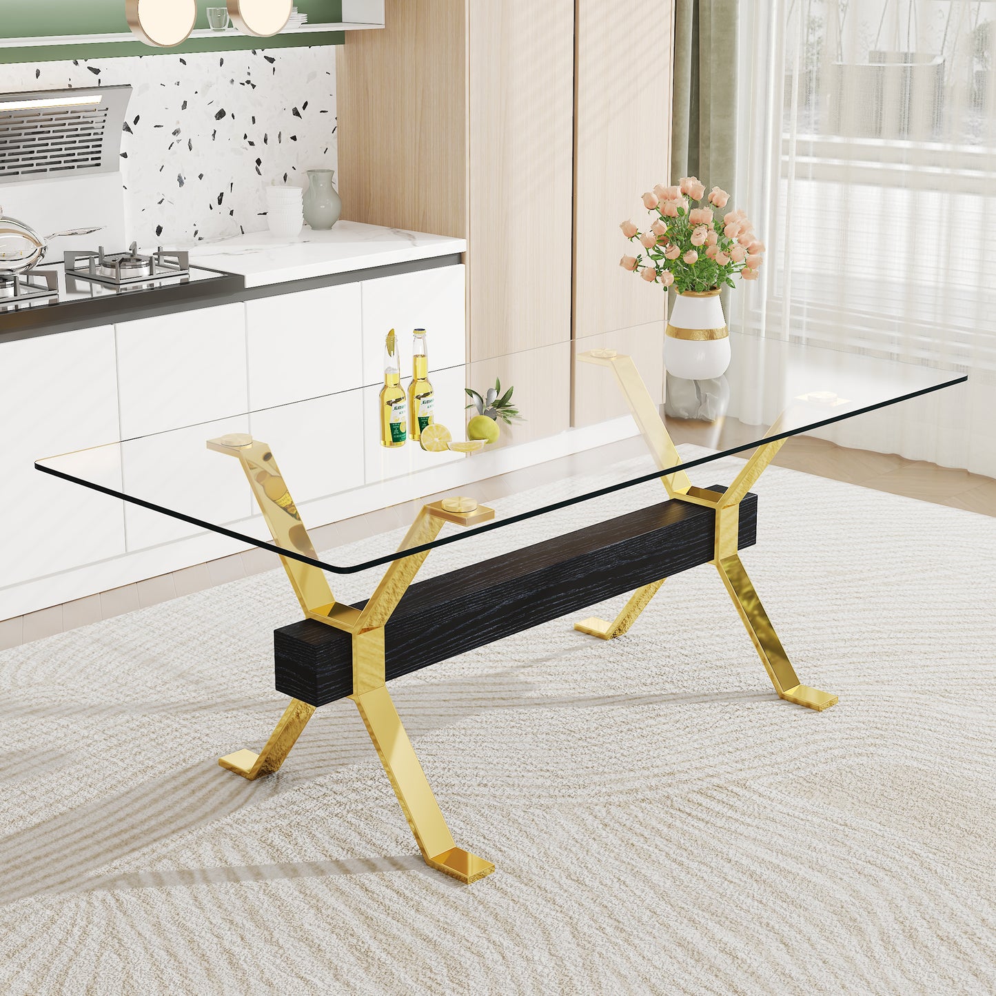 ContemporaryGlass Dining Table - Versatile for Home or Office. Features a Large Tempered Glass Top, Modern Office Desk Design with Gold-Plated Metal Legs and MDF Crossbars. Ideal for Kitchen Use. Dimensions: 79''x39''x30'