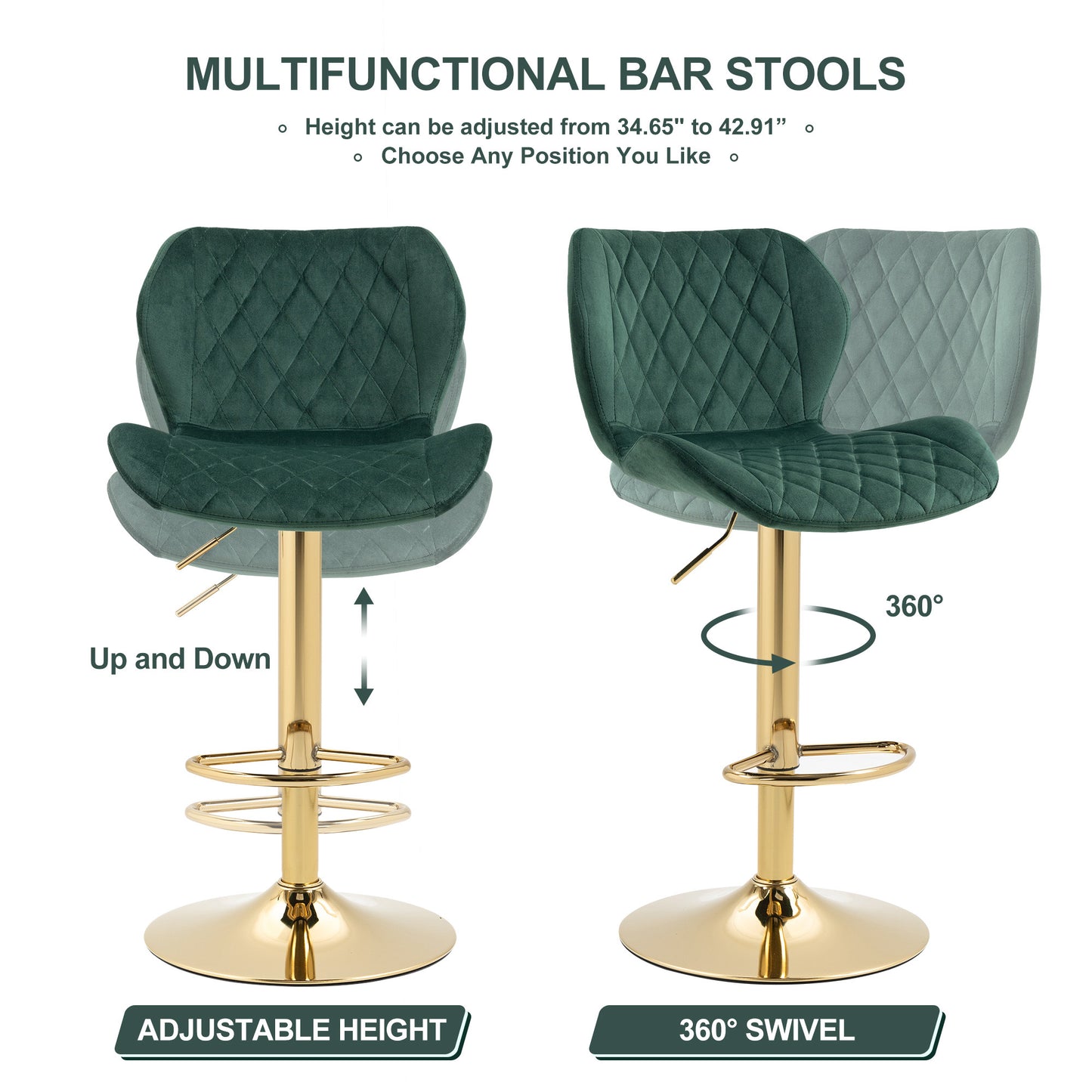 Green Velvet Adjustable Swivel Bar Stools Set Of 2