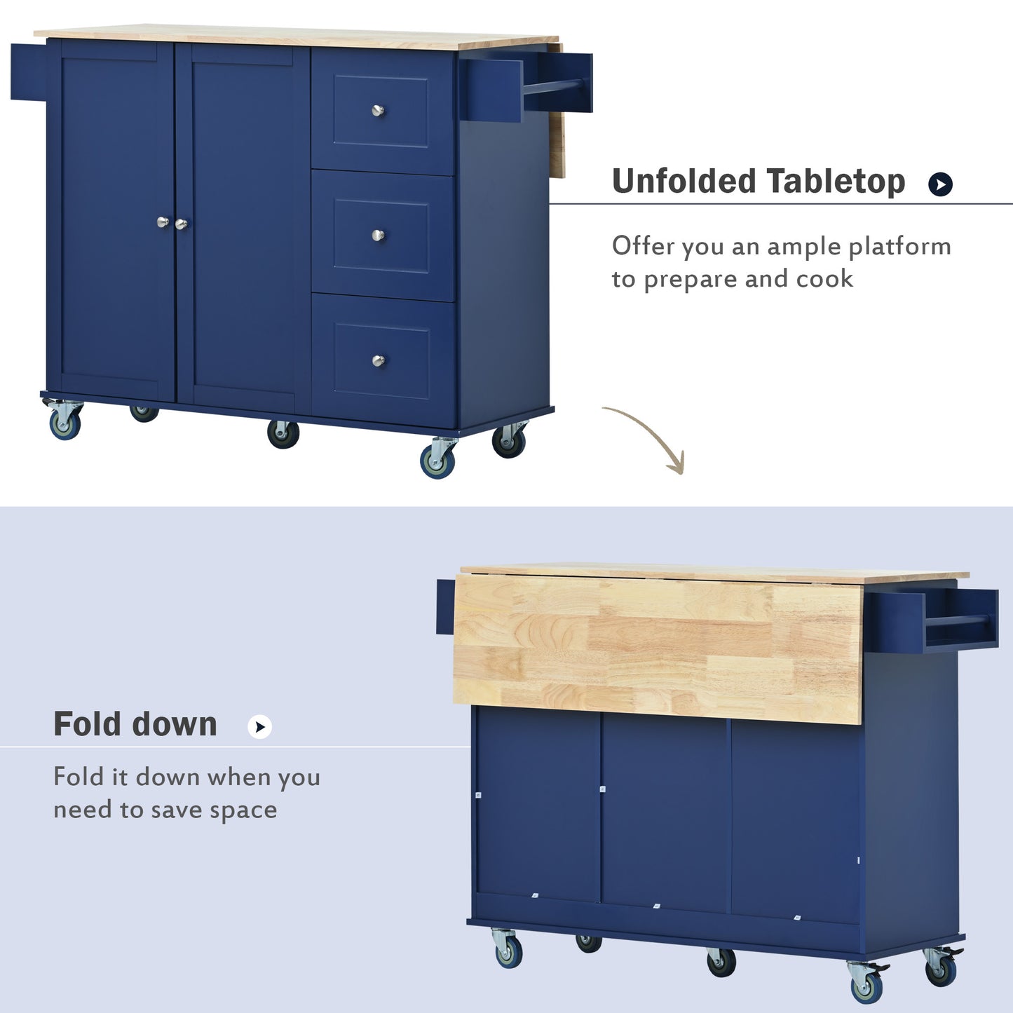Rolling Mobile Kitchen Island with Drop Leaf - Solid Wood Top Dark blue)