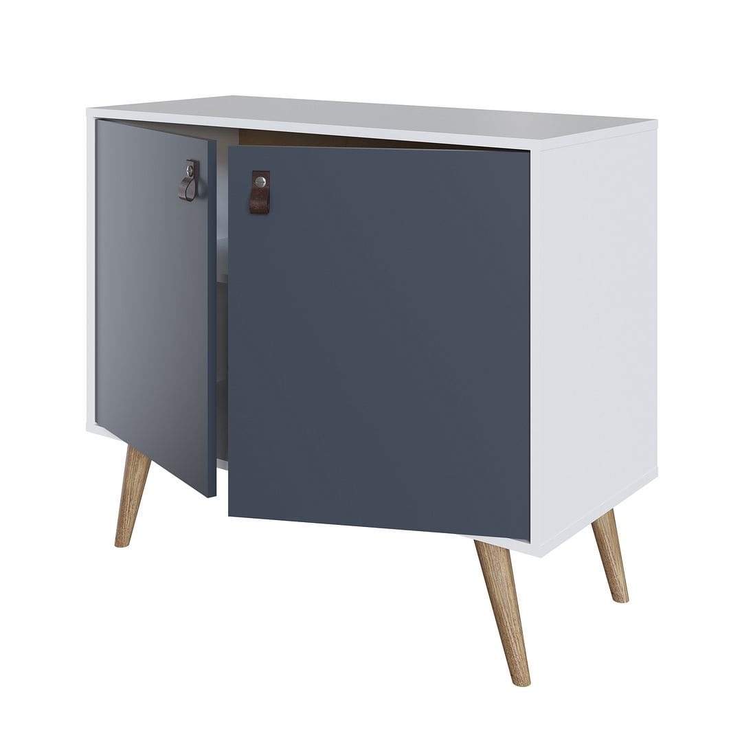 Manhattan Comfort Amber Accent Cabinet with Faux Leather Handles in White and Blue