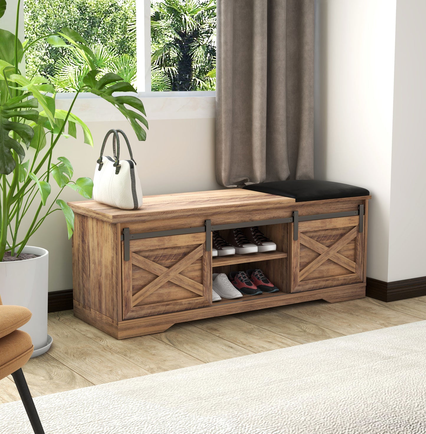 47 Inch Modern Farmhouse Sliding X Barn Door Litterbox Bench with Entry Cutout;  Shoe Bench Multi-color Option