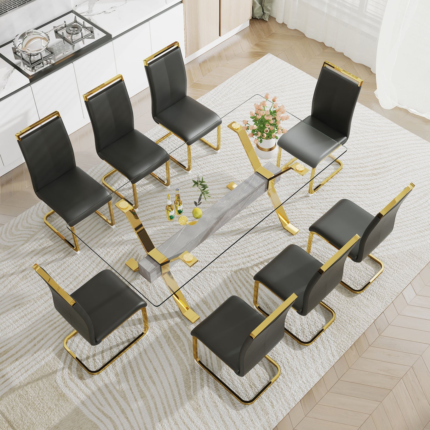 ContemporaryGlass Dining Table - Versatile for Home or Office. Features a Large Tempered Glass Top, Modern Office Desk Design with Gold-Plated Metal Legs and MDF Crossbars. Ideal for Kitchen Use. Dimensions: 79''x39''x30'