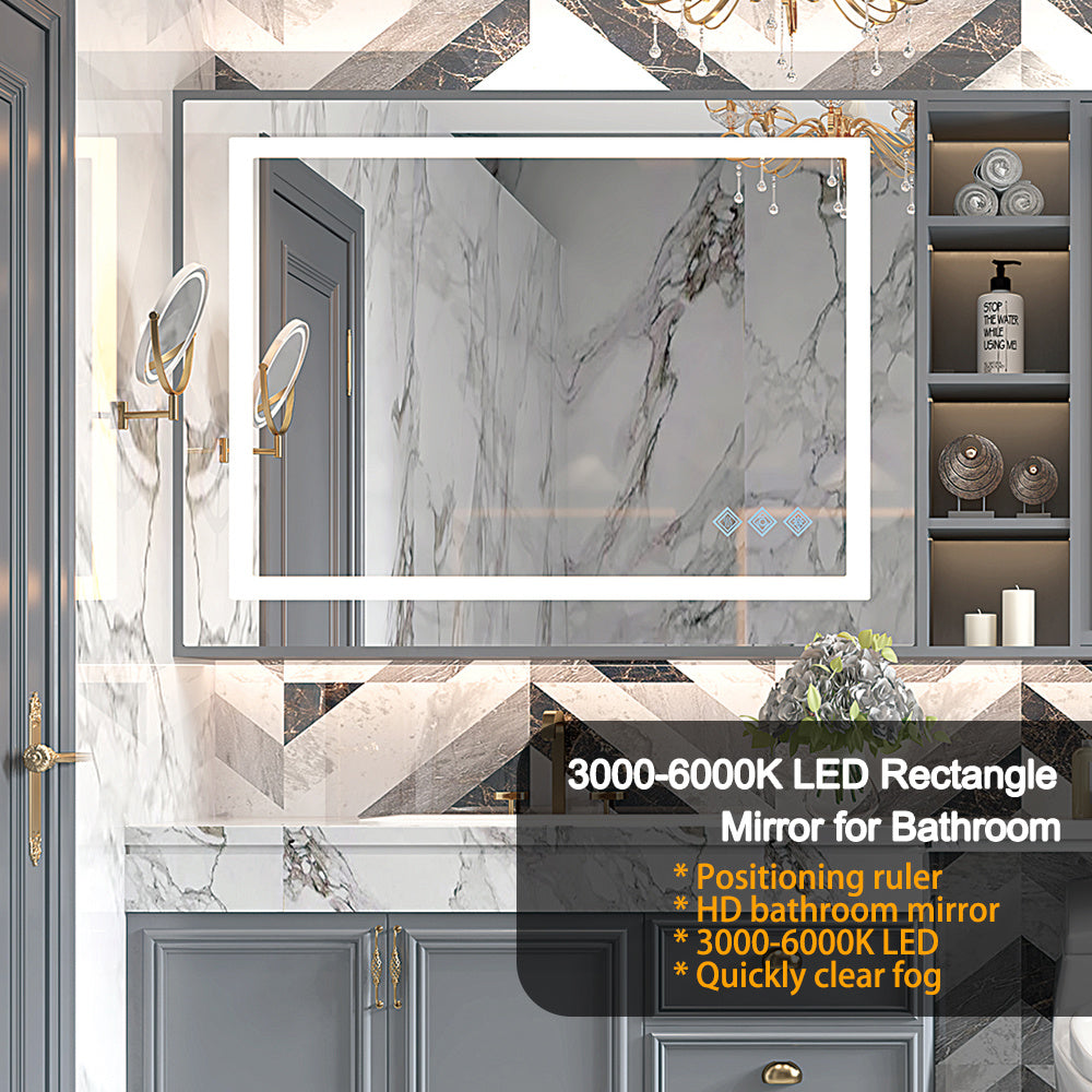 32x24inch Glossy Brushed Silver 3000-6000K LED Bathroom Mirror With Lights,Anti-Fog Dimmable Lighted Wall Mounted Vanity Mirror Master Bath Modern Makeup(Horizontal & Vertical)