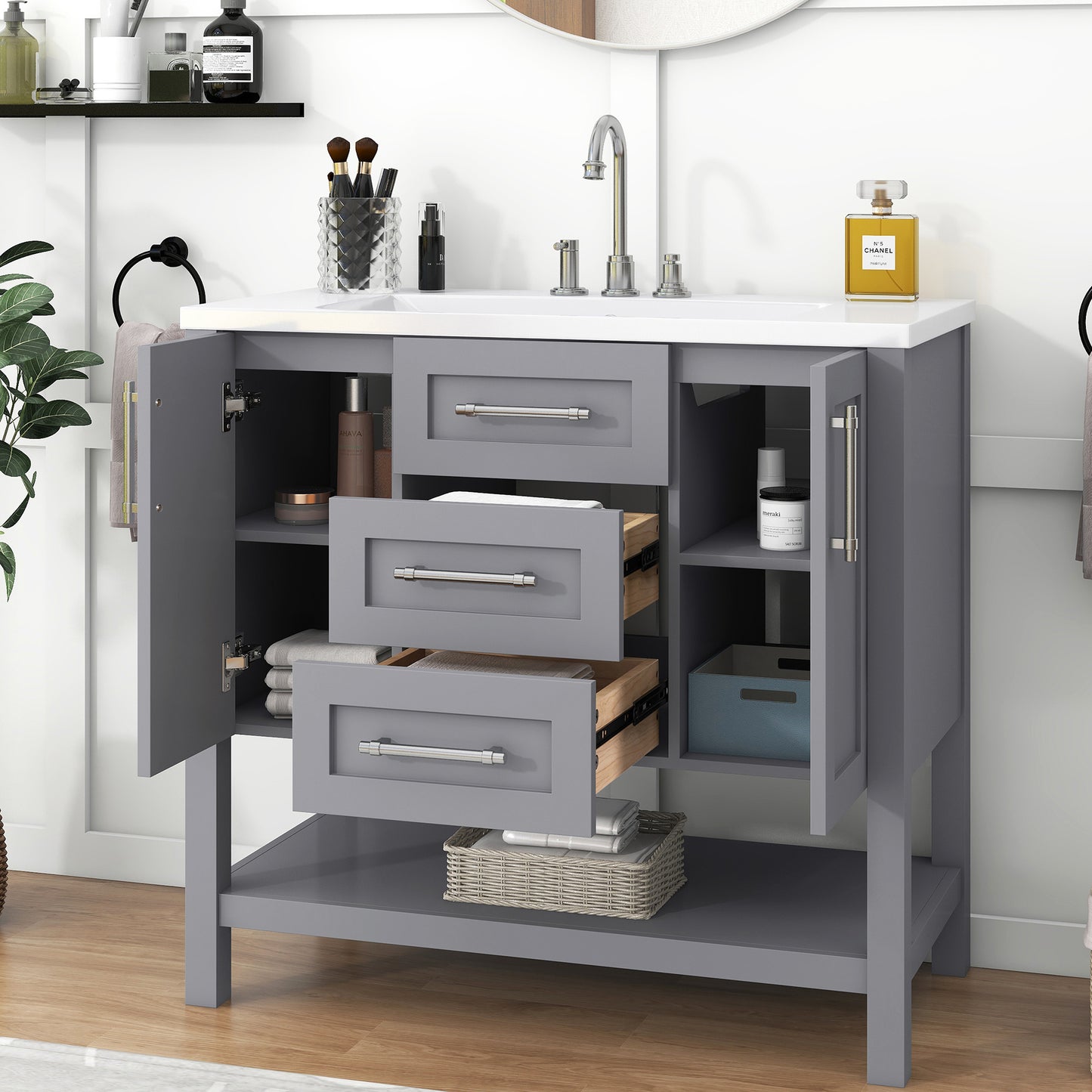 36-Inch Grey Bathroom Vanity with Solid Wood Frame and MDF, Resin Basin, 2 Single Resin Sink