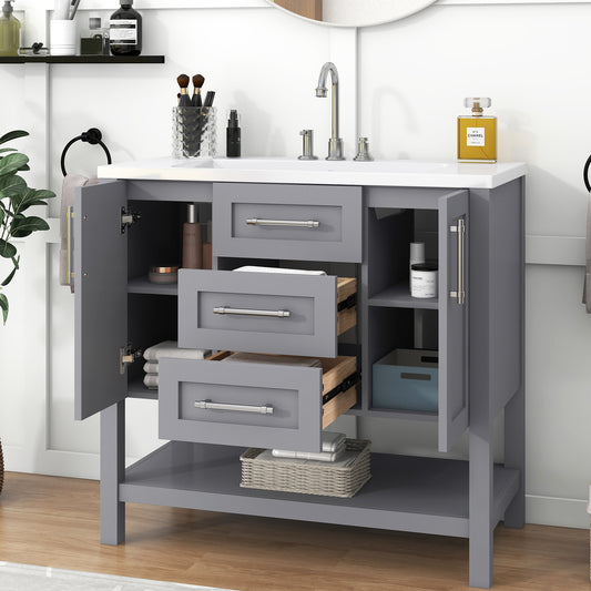 36-Inch Grey Bathroom Vanity with Solid Wood Frame and MDF, Resin Basin, 2 Single Resin Sink