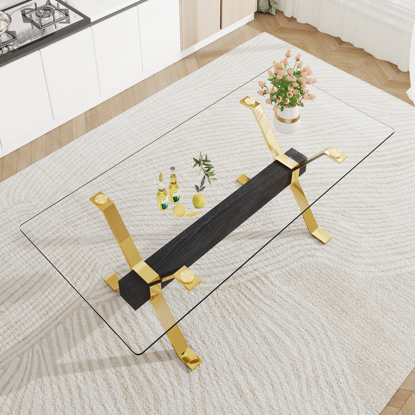 ContemporaryGlass Dining Table - Versatile for Home or Office. Features a Large Tempered Glass Top, Modern Office Desk Design with Gold-Plated Metal Legs and MDF Crossbars. Ideal for Kitchen Use. Dimensions: 79''x39''x30'